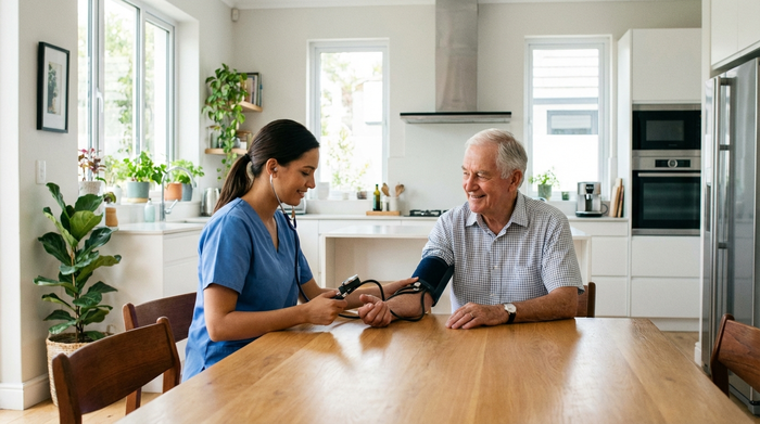 Eine professionelle Pflegekraft in blauer Berufskleidung misst den Blutdruck eines älteren Herrn am Esstisch. Helle, aufgeräumte Küche im Hintergrund.