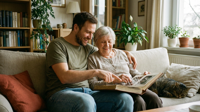 Ein erwachsener Sohn sitzt mit seiner alten Mutter auf dem Sofa und sie schauen sich gemeinsam ein Fotoalbum an, entspannte und liebevolle Atmosphäre.