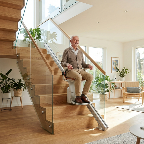 Ein moderner, unauffälliger Treppenlift an einer Holztreppe in einem hellen Einfamilienhaus. Ein älterer Herr fährt sicher und entspannt nach oben.