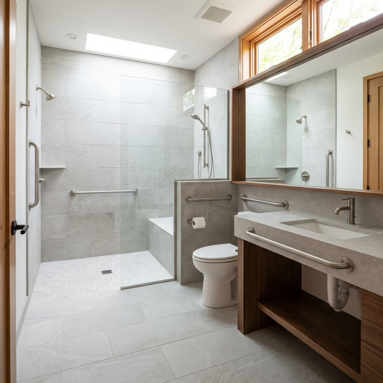 Ein elegantes, altersgerechtes Badezimmer mit einer bodengleichen Dusche, Haltegriffen und rutschfesten Fliesen in hellen Grautönen.