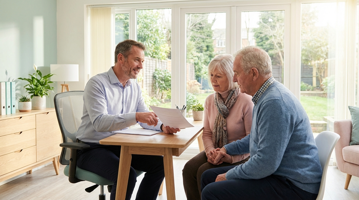Ein empathischer Pflegeberater in einem hellen, modern eingerichteten Büro erklärt einem älteren Ehepaar geduldig die Details auf einem Dokument. Die Szene wirkt professionell, beruhigend und gut ausgeleuchtet.