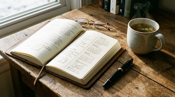 Ein aufgeschlagenes, hochwertiges Notizbuch liegt neben einer dampfenden Tasse Tee und einem eleganten Stift auf einem rustikalen Holztisch. Die Szene strahlt Struktur, Planung und ruhige Organisation aus.