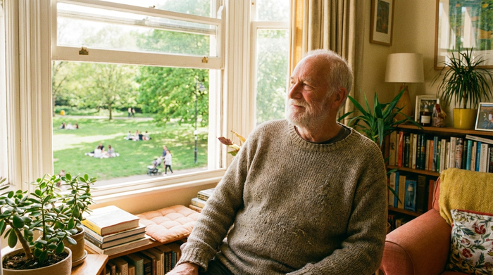 Ein entspannter älterer Herr blickt aus dem großen Fenster seines gepflegten Zimmers auf einen grünen, sonnigen Park. Die Farben sind hell und freundlich, die Stimmung ist unbeschwert und friedlich.