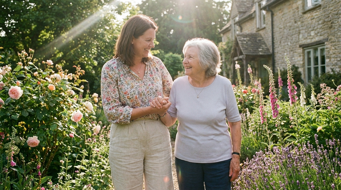 Eine liebevolle, in Zivil gekleidete Betreuungskraft stützt eine lächelnde Seniorin sanft beim Spaziergang durch einen blühenden, heimischen Garten. Strahlender Sonnenschein und eine harmonische Verbundenheit prägen das Bild.
