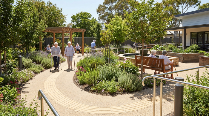 Ein moderner, barrierefreier und sicherer Demenzgarten mit vielen grünen Pflanzen, bequemen Sitzbänken und einem sanft geschwungenen Spazierweg im Sonnenlicht. Ältere Menschen gehen entspannt spazieren.
