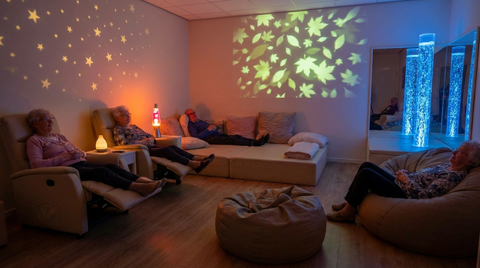 Ein gemütlich eingerichteter Snoezelen-Raum mit gedimmtem Licht, sanften blauen Wassersäulen und bequemen Liegemöbeln. Eine ruhige, entspannende Atmosphäre für Senioren.