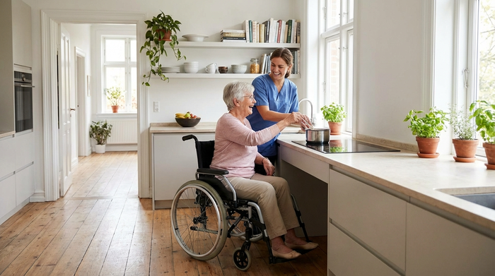 Eine freundliche Pflegekraft hilft einer älteren Dame beim Kochen in einer sauberen, barrierefreien und hellen Küche zu Hause. Beide lächeln.