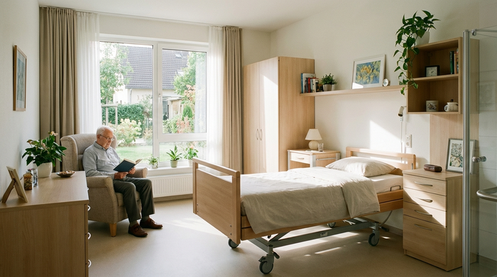 Ein gemütliches, barrierefreies Pflegezimmer mit einem modernen Pflegebett und hellen Holzmöbeln. Ein älterer Herr liest entspannt ein Buch am Fenster. Friedliche Stimmung, lichtdurchflutet, saubere Umgebung.