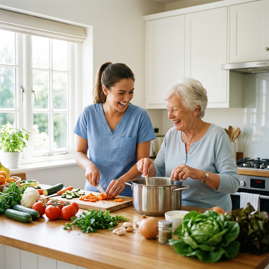 Eine engagierte, junge Betreuungskraft kocht gemeinsam mit einer lächelnden Seniorin in einer sauberen, gut beleuchteten Privatküche. Frisches Gemüse auf dem Tresen, harmonische und unterstützende häusliche Atmosphäre.