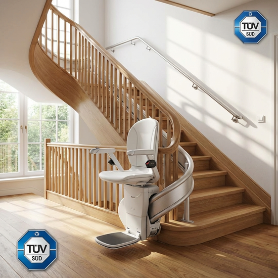 Ein moderner, sicherer Treppenlift, der an einer eleganten Holztreppe in einem gepflegten Einfamilienhaus installiert ist. Helle Umgebung, Fokus auf Barrierefreiheit und Sicherheit im Alter.