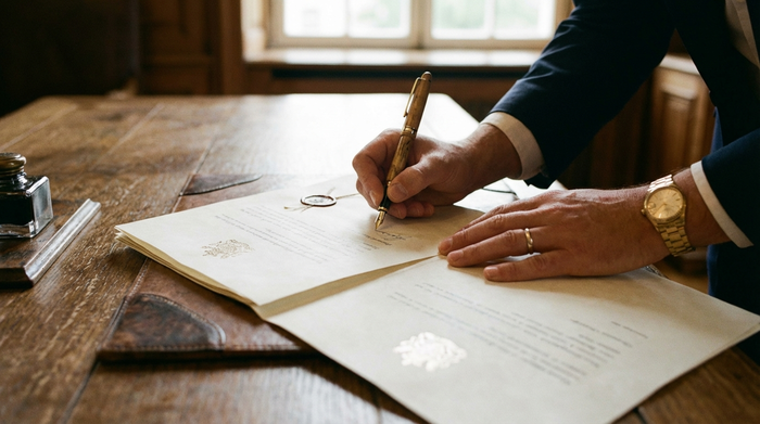 Eine Nahaufnahme von zwei Händen, die mit einem edlen Füllfederhalter ein offizielles Dokument auf einem massiven Holztisch unterschreiben. Seriöse, ruhige Atmosphäre, weiches Licht, keine lesbaren Texte oder Diagramme.