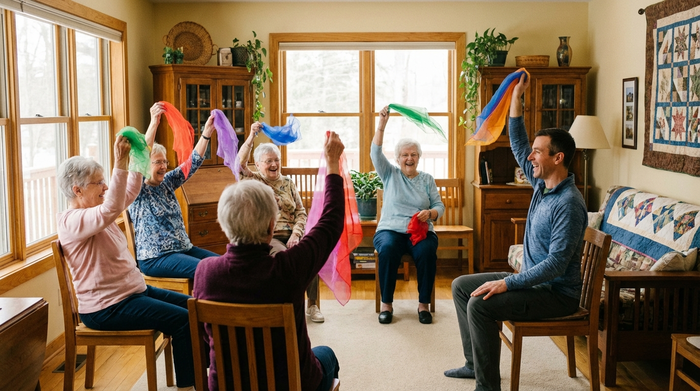 Eine Gruppe von Senioren bei der leichten Sitzgymnastik in einem lichtdurchfluteten, gemütlichen Raum. Sie heben bunte Tücher in die Luft und lächeln. Ein freundlicher Betreuer macht die Übungen vor. Realistische, positive Szene.