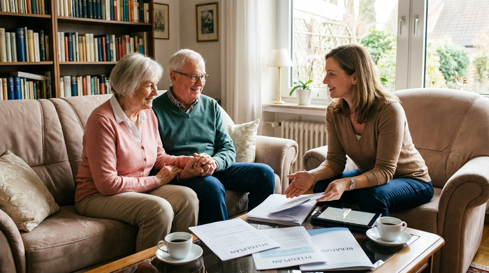 Ein älteres Ehepaar sitzt entspannt auf einem gemütlichen Sofa und lässt sich von einer professionellen, freundlichen Pflegeberaterin beraten. Auf dem Couchtisch liegen übersichtliche Papiere und Kaffeetassen. Helle, vertrauensvolle Umgebung.