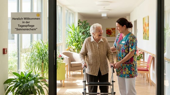 Eine herzliche Begrüßung an der Eingangstür einer modernen Tagespflege. Eine ältere Dame mit Rollator wird von einer lächelnden Pflegekraft empfangen. Im Hintergrund sieht man einen freundlich eingerichteten Flur mit grünen Pflanzen.