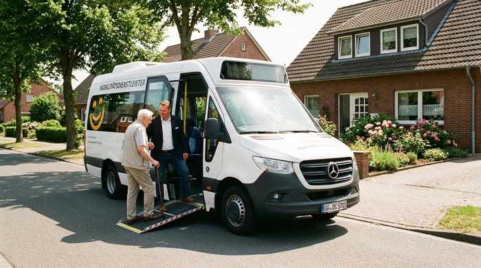 Ein moderner, weißer Kleinbus steht vor einem gepflegten Einfamilienhaus. Ein freundlicher Fahrer in ordentlicher Kleidung hilft einem älteren Herrn behutsam beim Einstieg. Sonniges Wetter, sichere und ruhige Straßenszene.