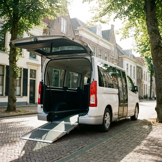 Ein moderner, barrierefreier Kleinbus mit geöffneter Heckklappe und flacher Auffahrrampe steht sicher geparkt in einer ruhigen, sonnigen Straße. Realistische Fotografie, sauber, keine Texte.