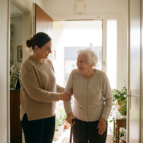 Eine freundliche Betreuungskraft reicht einer älteren Dame an der Wohnungstür behutsam den Arm, um sie sicher nach draußen zu begleiten. Helles Tageslicht, vertrauensvolle und warme Atmosphäre, ohne Text.