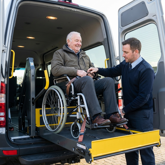 Ein engagierter Fahrer sichert behutsam einen Senior im Rollstuhl über eine stabile Hebebühne in einem geräumigen Transportwagen. Fokus auf Sicherheit und professionelle Betreuung, klares Bild, keine Beschriftungen.