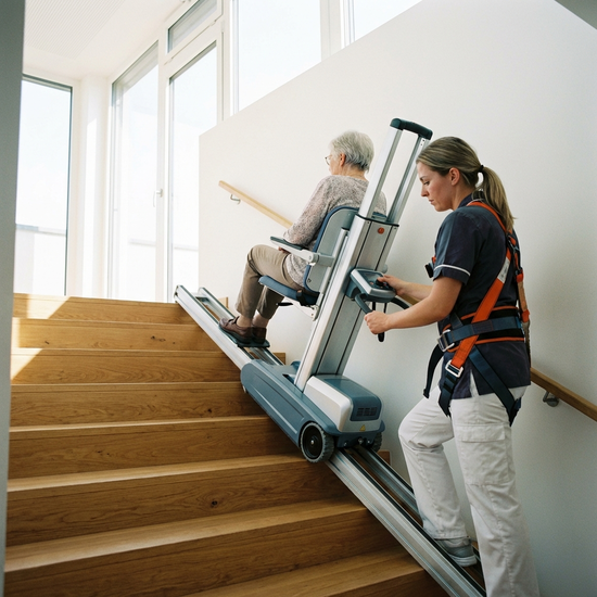 Ein moderner elektrischer Treppensteiger im Einsatz auf einer sauberen Holztreppe in einem hellen Treppenhaus, sicher bedient von einer konzentrierten Hilfskraft. Realistische Darstellung ohne Text.