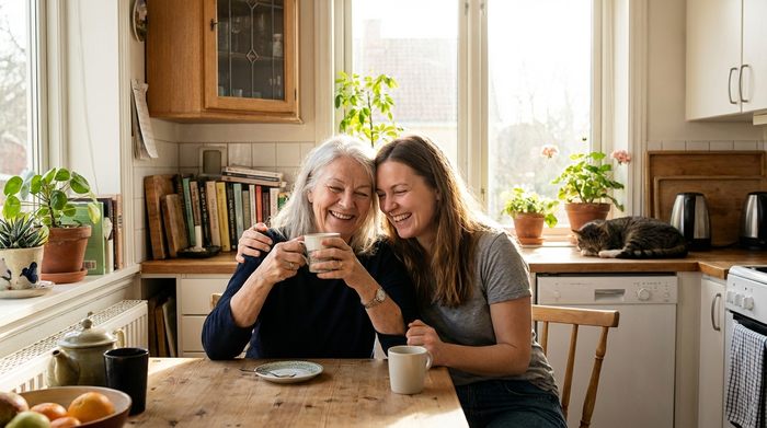 Eine entspannte ältere Frau sitzt lächelnd mit ihrer Tochter am Küchentisch bei einer Tasse Kaffee, deutlich sichtbare Erleichterung im Gesicht. Helles, gemütliches Zuhause, realistische Szene, keine Diagramme.