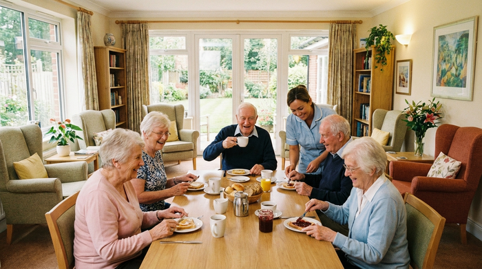 Mehrere fröhliche Senioren sitzen in einem hellen, gemütlichen Aufenthaltsraum einer Pflegeeinrichtung zusammen am Tisch und frühstücken. Warme, einladende Gemeinschaftsatmosphäre, realistisch, textfrei.
