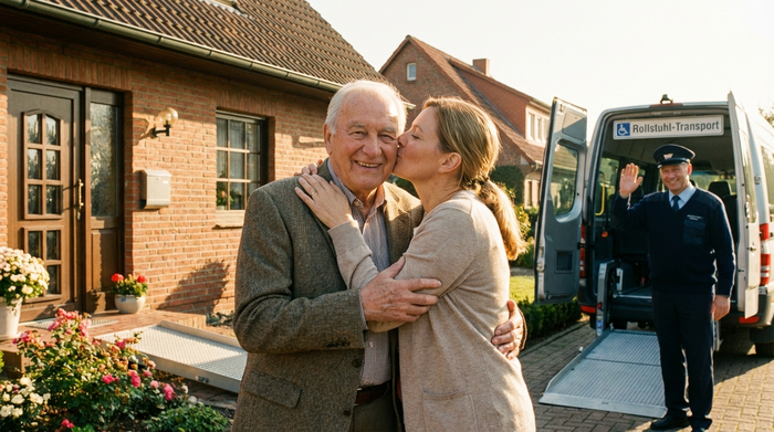 Ein lächelnder Senior wird von seiner Tochter liebevoll verabschiedet, während ein freundlicher Fahrer eines barrierefreien Kleinbusses im Hintergrund wartet. Eine sonnige, positive morgendliche Szene vor einem gepflegten Haus.
