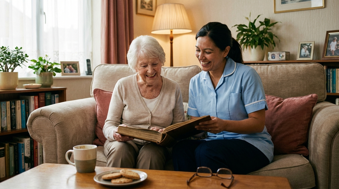 Eine ältere Dame betrachtet gemeinsam mit einer einfühlsamen Pflegekraft ein altes Fotoalbum. Beide lächeln vertraut. Gemütliche Atmosphäre mit einer Kaffeetasse auf dem Tisch, weiches Licht.