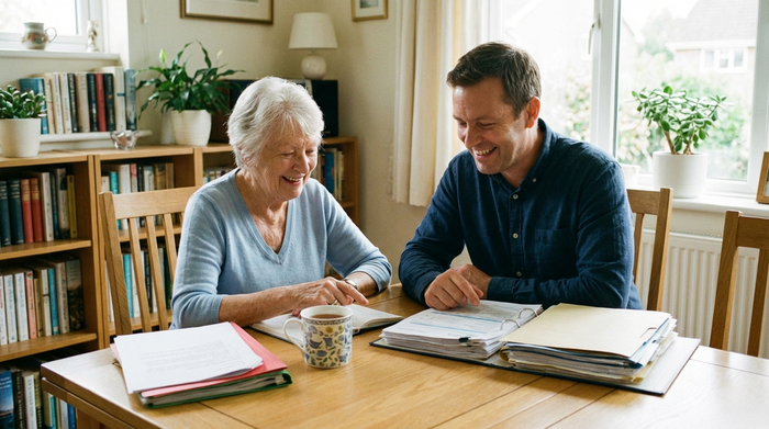 Eine ältere Dame und ihr Sohn sitzen an einem aufgeräumten Esstisch und besprechen entspannt Dokumente. Eine Tasse Tee steht bereit. Die Stimmung ist erleichtert, positiv und lösungsorientiert.