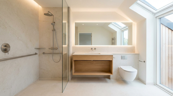 Ein modernes, helles Badezimmer mit einer bodengleichen, barrierefreien Dusche und dezenten Haltegriffen. Sauber, sicher und stilvoll eingerichtet, ohne sichtbare Personen oder Text.