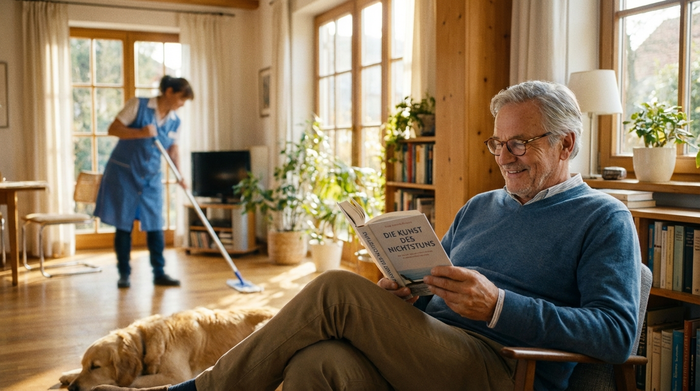 Ein älterer Herr mit grauem Haar sitzt entspannt in seinem sauberen, sonnendurchfluteten Wohnzimmer und liest ein Buch, während im Hintergrund eine unscharfe Reinigungskraft den Boden wischt. Friedliche Stimmung, klare Details.