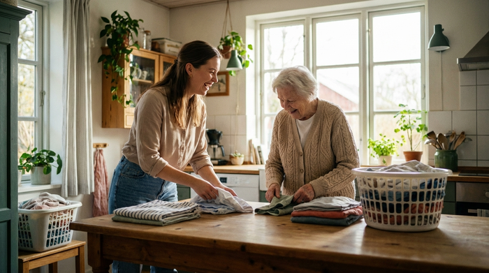 Zwei Frauen, eine jüngere Pflegekraft in gepflegter Alltagskleidung und eine ältere Seniorin, sortieren gemeinsam frische Wäsche an einem Holztisch. Helles Licht, freundliches Miteinander, authentische Szene ohne Schriftzüge.