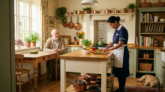 Eine gemütliche Küchenszene, in der eine professionelle Haushaltshilfe frisches Gemüse schneidet, während der ältere Hausherr lächelnd am Tisch sitzt und zuschaut. Warme Farben, saubere Arbeitsflächen, realistische Beleuchtung.
