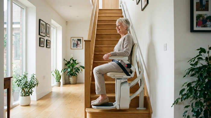 Ein moderner Treppenlift in einem gepflegten Einfamilienhaus. Eine ältere Dame fährt sicher und entspannt die Holztreppe hinauf. Helles Treppenhaus, aufgeräumte Umgebung, Fokus auf Sicherheit und Komfort im Alter.