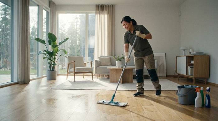 Eine engagierte Reinigungskraft wischt den hellen Holzboden in einem modernen, aufgeräumten Wohnzimmer. Durch große Fenster fällt helles Tageslicht in den sauberen Raum.