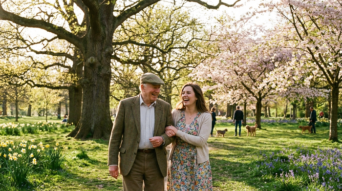 Ein älterer Herr und eine jüngere Begleiterin spazieren entspannt und lachend durch einen grünen Park mit großen Bäumen. Herrliches Frühlingswetter, fröhliche Stimmung, keine sichtbaren Schriftzüge.