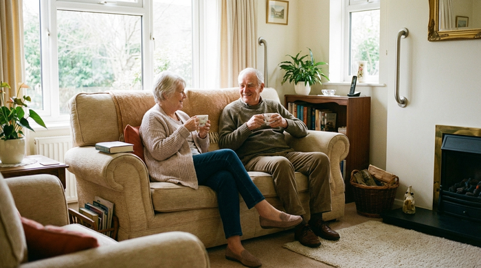 Ein älteres Ehepaar sitzt entspannt auf einem bequemen Sofa im heimischen Wohnzimmer und trinkt Tee. Die Einrichtung ist hell, sicher und altersgerecht gestaltet, warme und geborgene Atmosphäre.