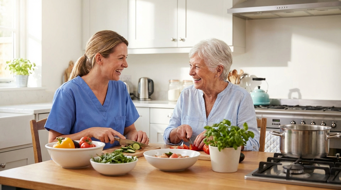 Eine professionelle Betreuungskraft und eine Seniorin sitzen gemeinsam am Küchentisch und bereiten frisches Gemüse für das Mittagessen vor. Vertrautes Miteinander in einer sauberen, gut beleuchteten Küche.