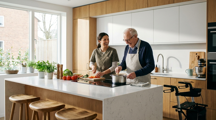 Eine engagierte Pflegerin hilft einem älteren Herrn beim Kochen in einer modernen, sauberen Küche. Frisches Gemüse liegt auf dem Tresen, beide wirken entspannt und fröhlich.
