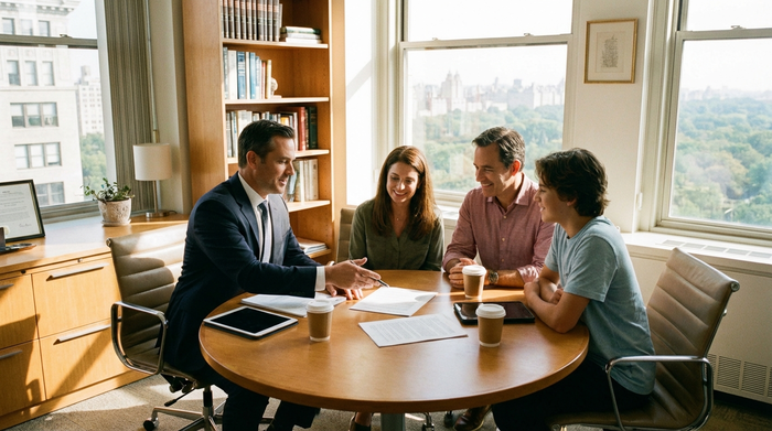 Ein seriöser Berater sitzt mit einer Familie an einem runden Holztisch und bespricht Dokumente. Die Atmosphäre ist vertrauensvoll, hell und professionell.