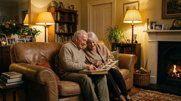 Ein älteres Ehepaar sitzt entspannt auf einem bequemen Sofa im heimischen Wohnzimmer und schaut sich gemeinsam ein Fotoalbum an. Warme Beleuchtung sorgt für eine behagliche Stimmung.