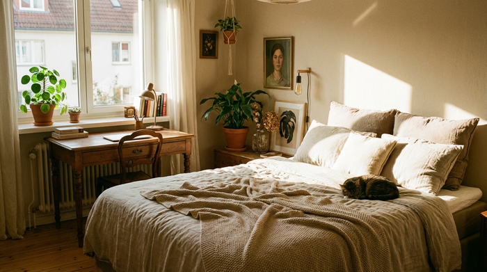 Ein helles, liebevoll eingerichtetes Gästezimmer mit einem bequemen Bett, einem kleinen Schreibtisch und einem großen Fenster. Eine kleine grüne Pflanze steht auf dem Fensterbrett.