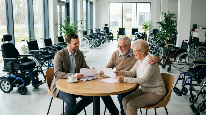 Ein freundlicher Berater in einem modernen Sanitätshaus sitzt mit einem älteren Ehepaar an einem runden Tisch und bespricht entspannt Dokumente. Im Hintergrund stehen verschiedene Rollstühle in einem lichtdurchfluteten Ausstellungsraum.
