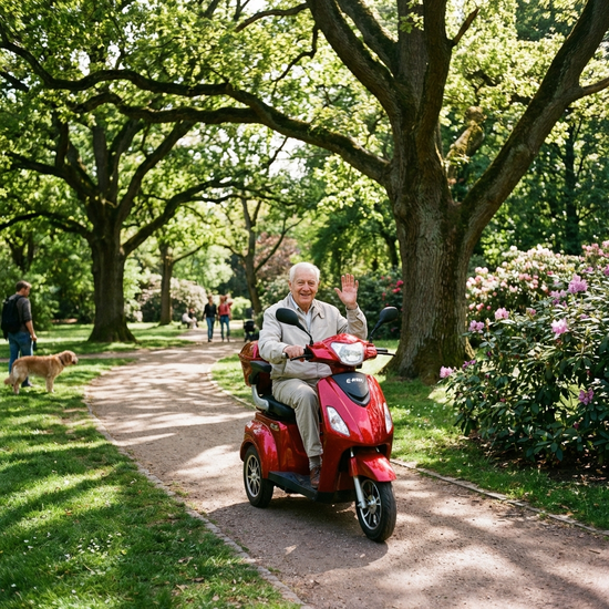 Ein rüstiger Senior fährt an einem sonnigen Nachmittag mit einem modernen, roten Elektromobil durch eine grüne Parkanlage mit alten Bäumen und gepflegten Wegen.