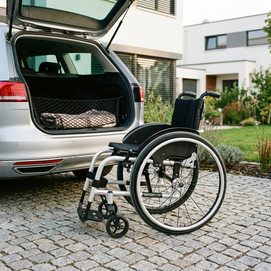 Ein leichter, moderner Aluminium-Rollstuhl steht ordentlich zusammengeklappt neben dem geöffneten Kofferraum eines silbernen Autos auf einer gepflasterten Einfahrt.