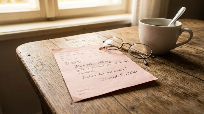 Ein ärztliches Rezept auf rosa Papier liegt auf einem rustikalen Holztisch im warmen Tageslicht, daneben liegen eine Lesebrille und eine weiße Kaffeetasse.