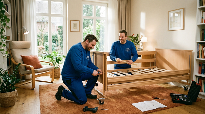 Zwei freundliche Techniker in blauer Arbeitskleidung bauen ein helles Pflegebett aus Holz in einem aufgeräumten, gemütlichen Schlafzimmer mit großen Fenstern auf.
