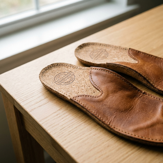 Hochwertige orthopädische Einlagen aus Kork und Leder auf einem sauberen, hellen Holztisch. Handwerkliche Details und feine Nähte sind sichtbar, weiches Tageslicht, fotorealistisch, ohne Text.