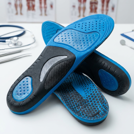 Moderne Sporteinlagen aus blauem und schwarzem Schaumstoff, dynamisches Design, isoliert auf einem weißen medizinischen Tisch, detaillierte und realistische Texturen.