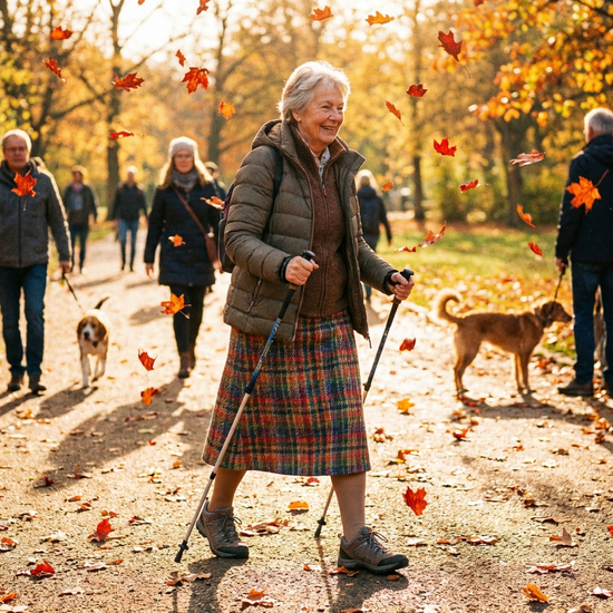 Eine glückliche, ältere Dame spaziert aktiv durch einen sonnigen, herbstlichen Park. Sie trägt unauffällige Kompressionsstrümpfe unter ihrem wadenlangen Rock. Lebendige, gesunde Atmosphäre.
