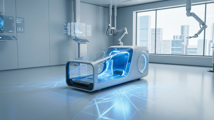 Ein hochmoderner 3D-Fußscanner leuchtet mit sanftem, blauen Licht auf dem Boden eines sauberen, medizinischen Raums. Technologisch fortschrittliche Ausstrahlung, minimalistisch, ohne Text oder Diagramme.